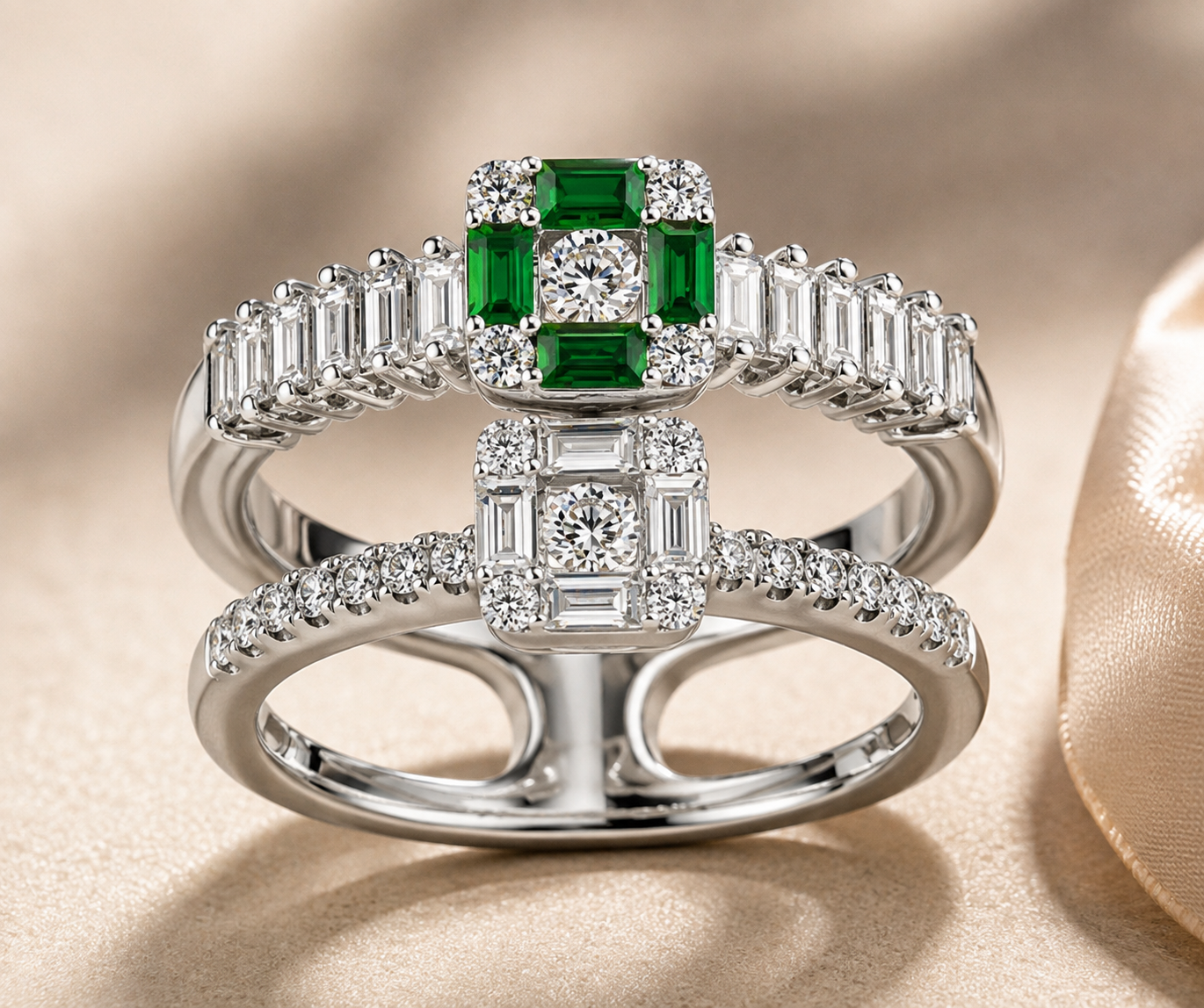 Emerald & Diamond Dual-Band Statement Ring