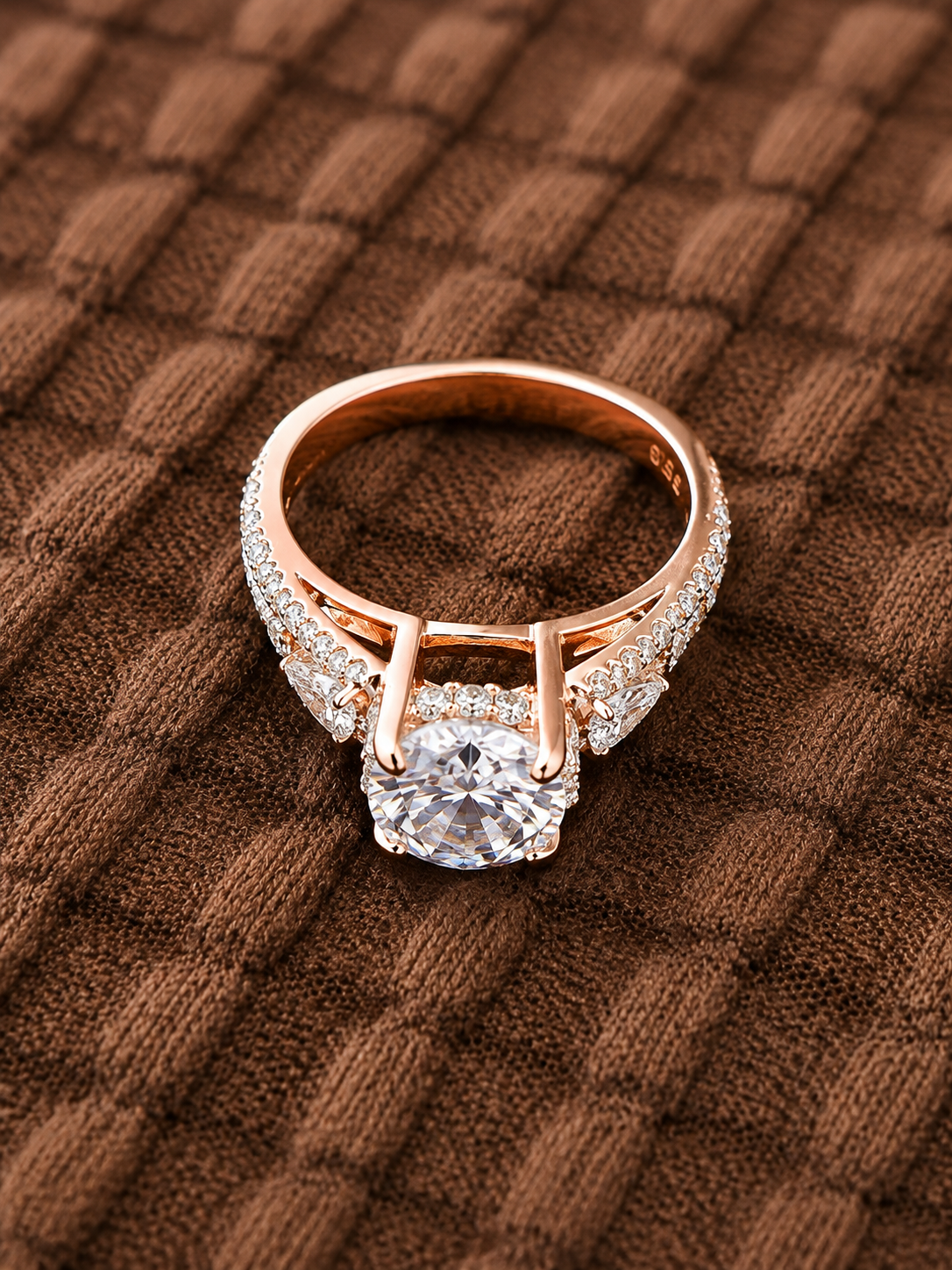 Elegant Rose Gold Solitaire Diamond Ring with Pavé Side Stones