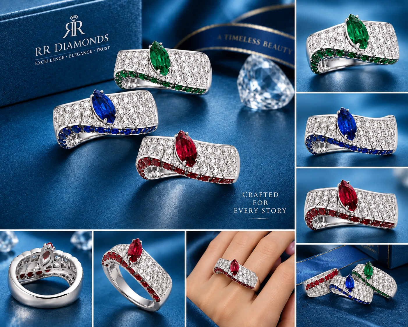 Elegant Emerald, Sapphire & Ruby Pavé Crossover Ring Collection