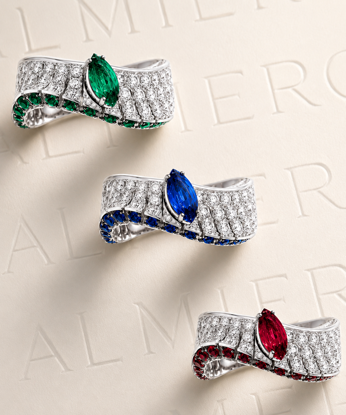 Elegant Emerald, Sapphire & Ruby Pavé Crossover Ring Collection
